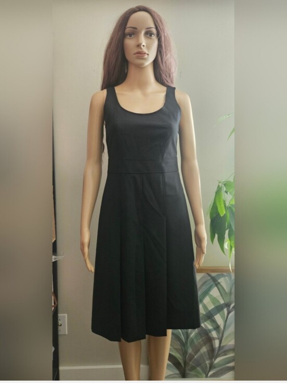 Theory Wool Black Sleeveless Scoop-Neck Midi Dress A Line Pleated